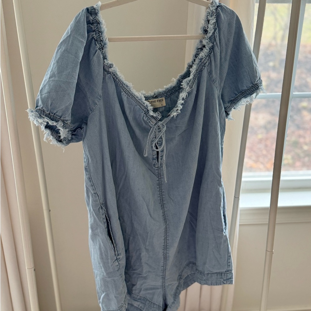 We The Free Pale Blue Denim Lace-Up Romper